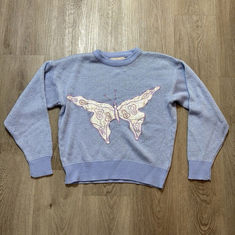 VTG Adell Barre Knit Sweater Purple Butterfly Sequin Fairytale Crew Neck‎ M